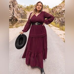 Plus Size Tie Neck Ballon Sleeve Tiered Dress
